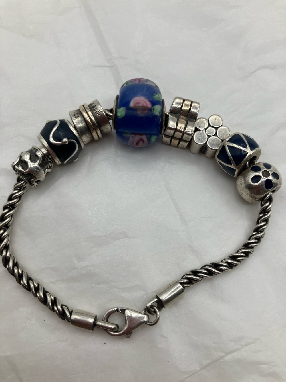 Zable Blue and Silver Glass Charms 925 Bracelet 7 inches